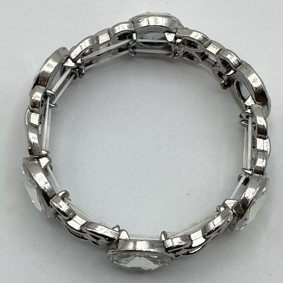 Silver Tone White Round Cut Glass Rhinestone Stretch Bracelet Boho Bold Fashion - Picture 5 of 6